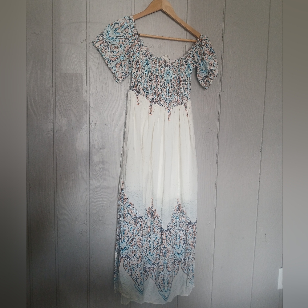 Entro White Blue Patterned Smocked Maxi Dress Slide Slit Off The Shoulder Small